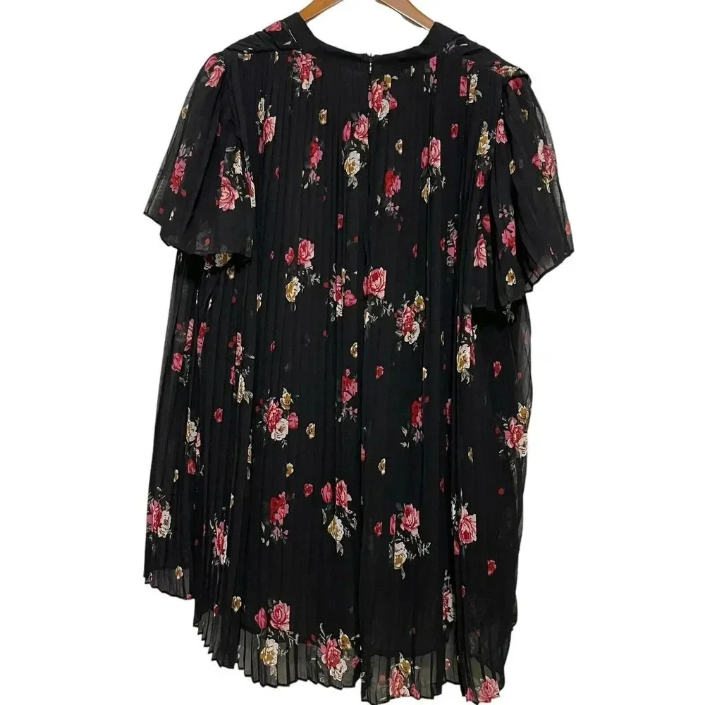 Zara Woman Floral Pleated Romper Womens Small Black Chiffon V-Neck Tie Front‎ S